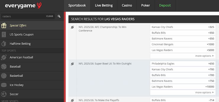 Odds display from Everygame, a major player in Nevada online sportsbooks.